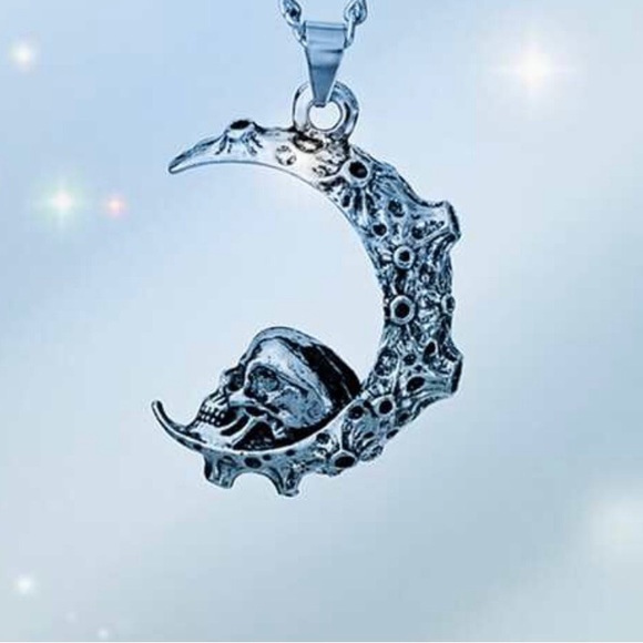 “Skull on the Moon” Regolith Lunar Crater Crescent Celestial Goth Steel Necklace - Picture 10 of 16
